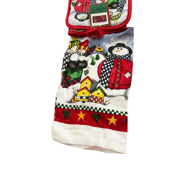 Santa’s Treasures Christmas Kitchen Set 3pc Snowman Oven Mitt Towel Pot Holder - Picture 5 of 5